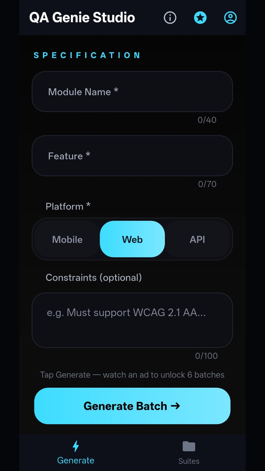 Generate test cases screen