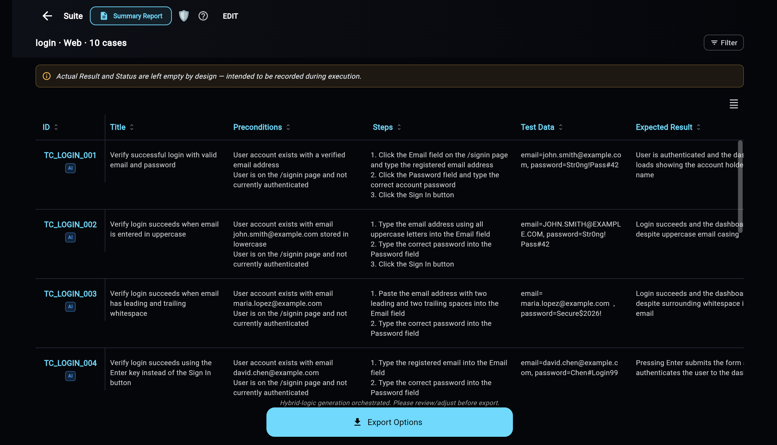 Web Companion — Suite detail with test cases on desktop