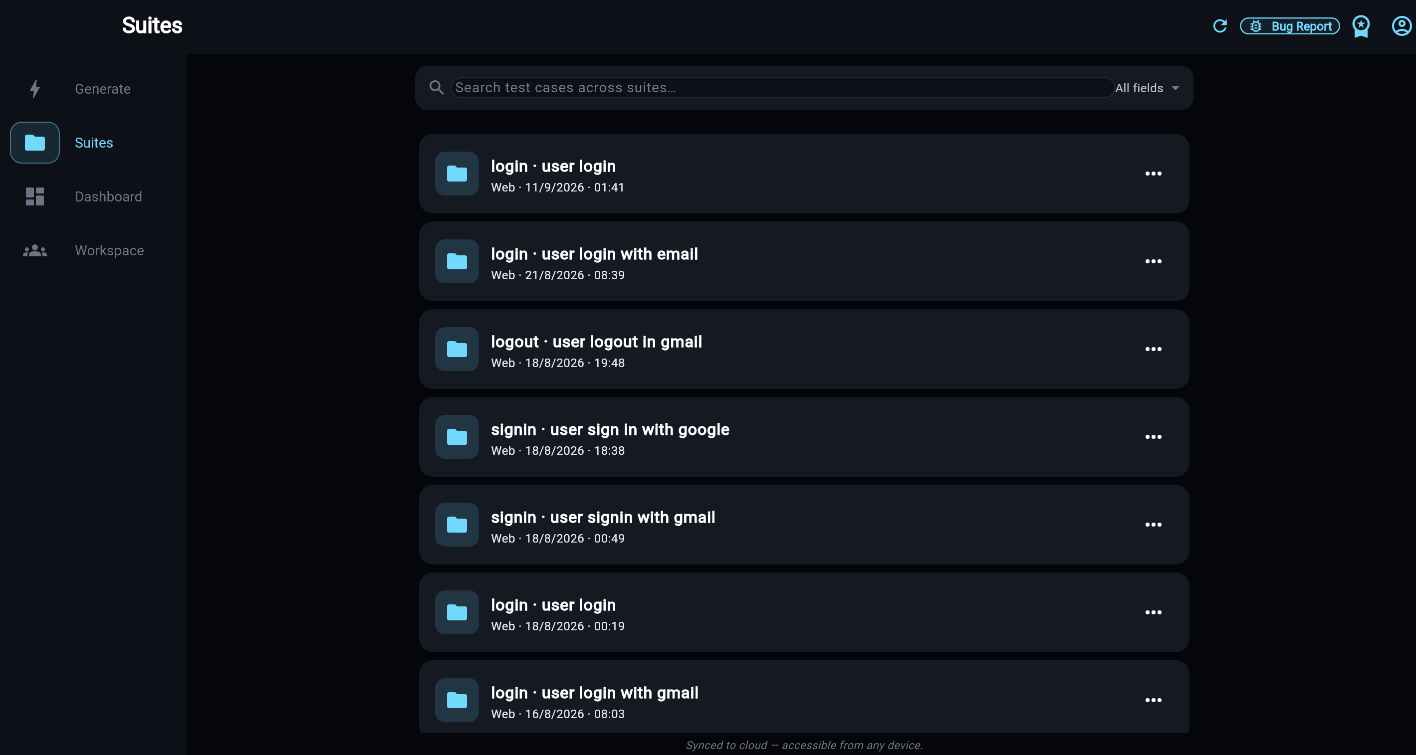 Web Companion — Test suites list on desktop